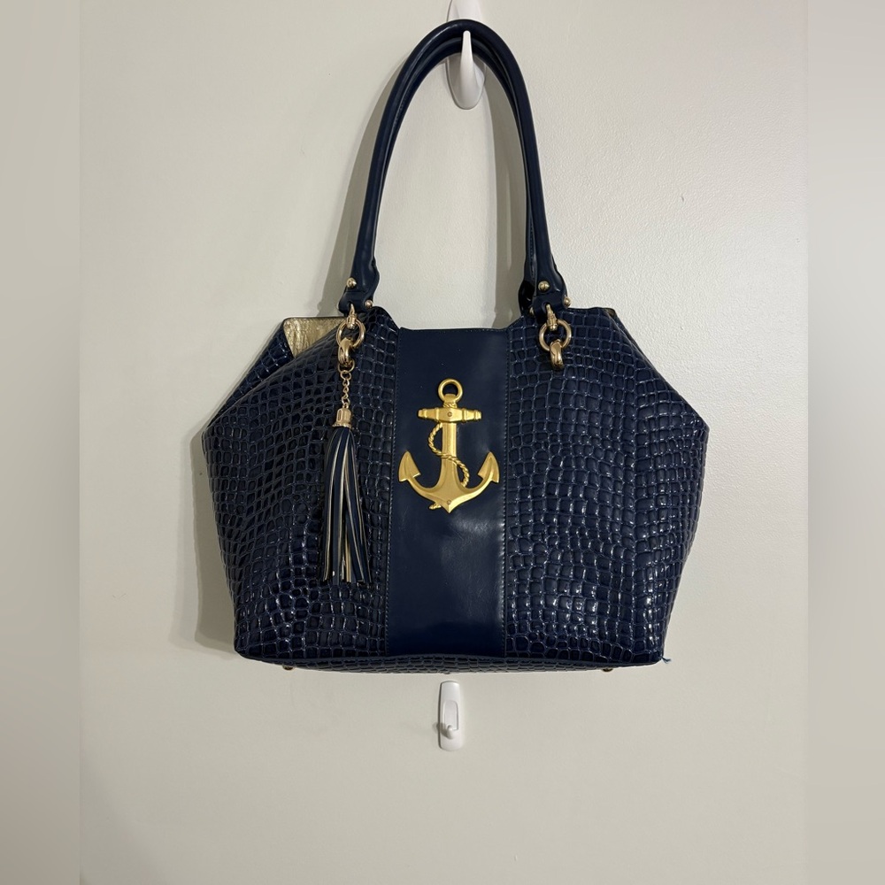Bosom Buddy Elegant Navy Tote with Gold Anchor Accent